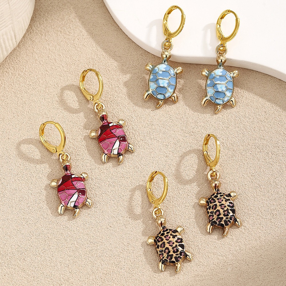 Alloy Printed Animal Charm Leopard-Print Turtle Earrings
