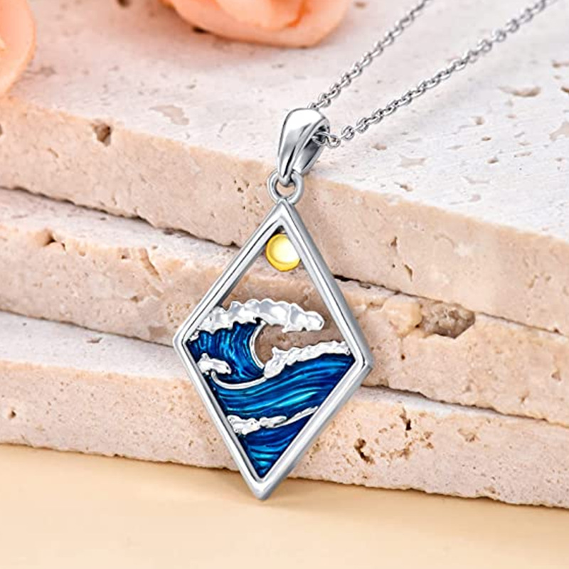 Personalized Blue Ocean Wave Sun Pendant Necklace For Girls